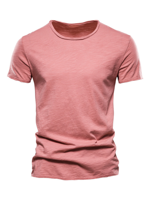 Men’s New Solid Color Slub Cotton Round Neck Short Sleeve T-Shirt - Red / S