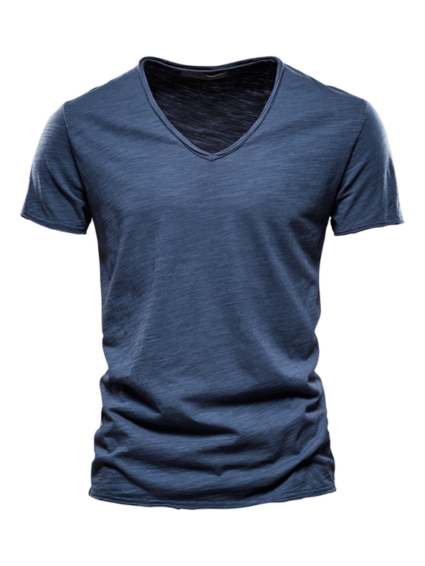 Men’s New Solid Color Slub Cotton V-Neck Short Sleeve T-Shirt - Champlain color / S