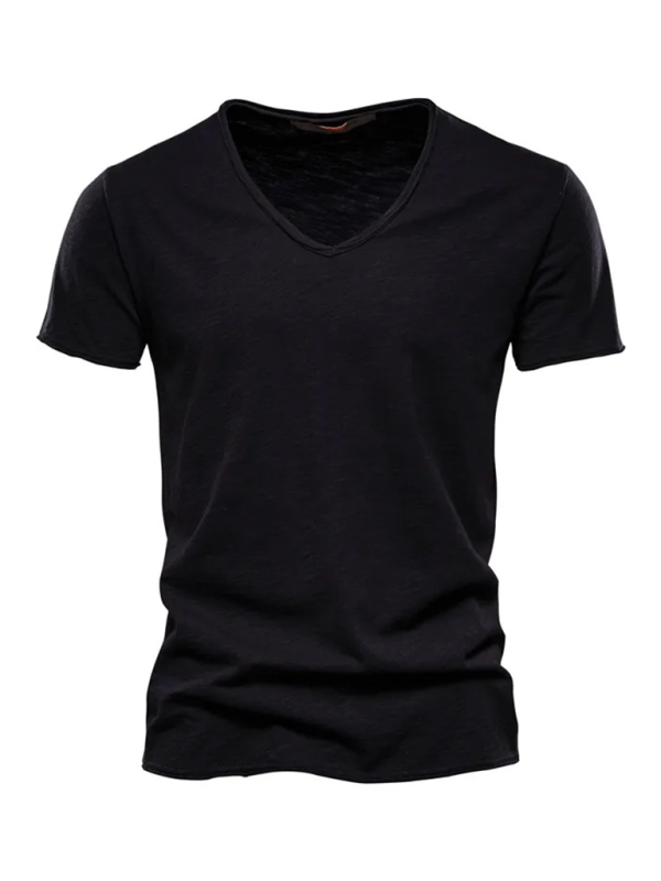 Men’s New Solid Color Slub Cotton V-Neck Short Sleeve T-Shirt - Black / S