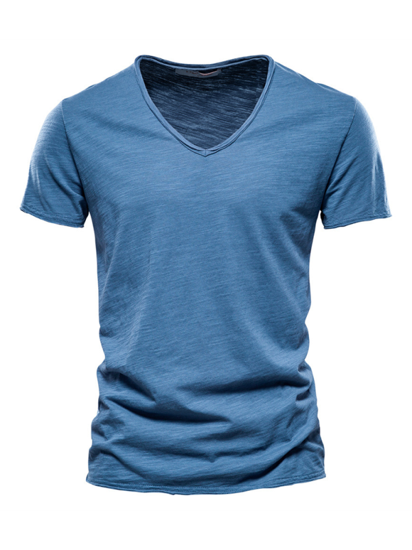 Men’s New Solid Color Slub Cotton V-Neck Short Sleeve T-Shirt - Denim Blue / S