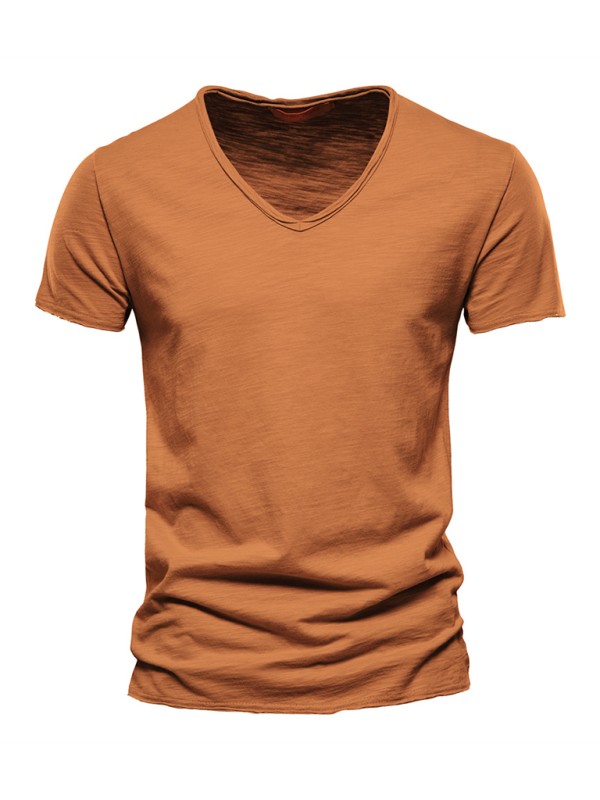Men’s New Solid Color Slub Cotton V-Neck Short Sleeve T-Shirt - Ginger yellow / S