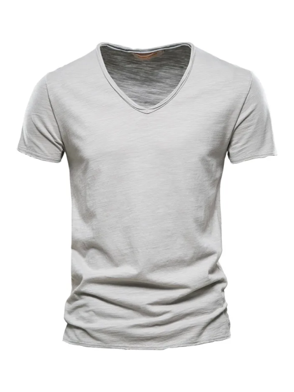 Men’s New Solid Color Slub Cotton V-Neck Short Sleeve T-Shirt - Misty grey / S