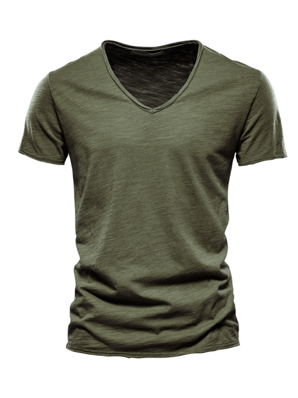 Men’s New Solid Color Slub Cotton V-Neck Short Sleeve T-Shirt - Olive green / S