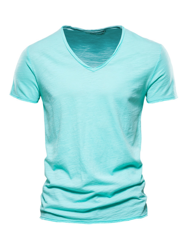Men’s New Solid Color Slub Cotton V-Neck Short Sleeve T-Shirt - Pale green / S