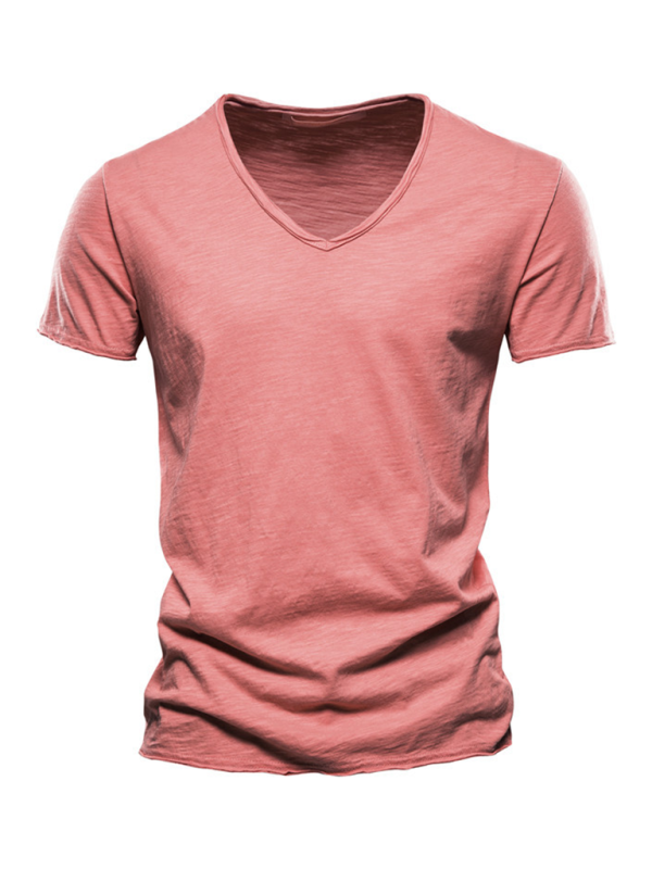 Men’s New Solid Color Slub Cotton V-Neck Short Sleeve T-Shirt - Red / S