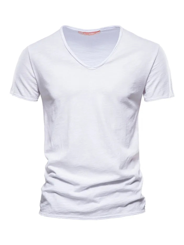 Men’s New Solid Color Slub Cotton V-Neck Short Sleeve T-Shirt - White / S