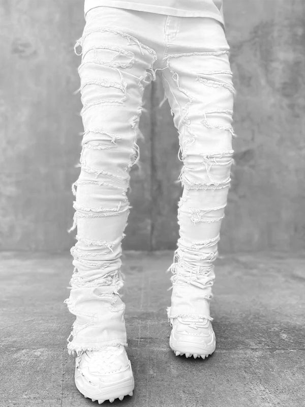 Men’s new stretch patch denim straight pants - White / S