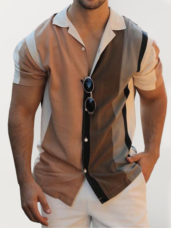 Men’s New Striped Casual Lapel Short Sleeve Shirt - White / S