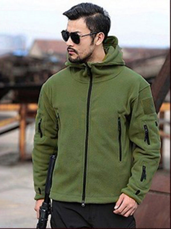 Men’s Outdoor Warm Liner Fleece Jacket Cold-Proof Jacket Wind Hood Solid Color Hooded Jacket