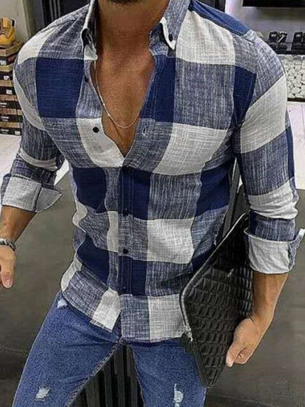 Men’s Plaid Lapel Collar Button-Up Shirt - Blue / S