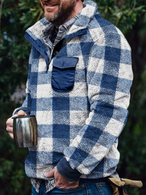 Men’s plaid print plush long-sleeved sweatshirt