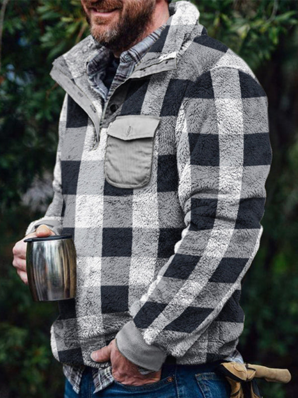 Men’s plaid print plush long-sleeved sweatshirt - Black / S