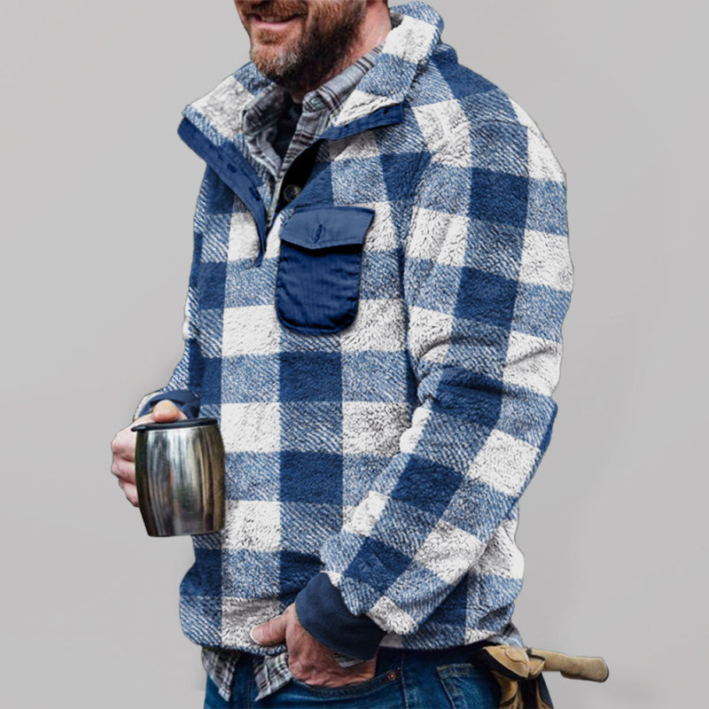 Men’s plaid print plush long-sleeved sweatshirt - Blue / S