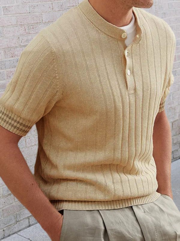 Men’s POLO shirt turned short -sleeved slim sweater - Khaki / M