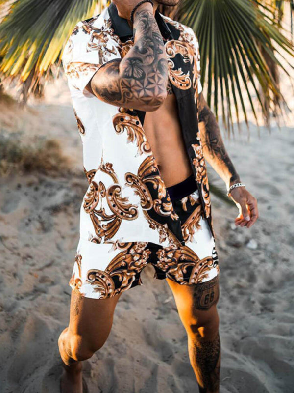 Men’s printed lapel short-sleeved shirt + shorts casual suit