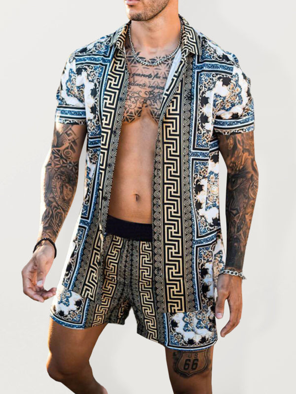 Men’s printed lapel short-sleeved shirt + shorts casual suit - Blue / S