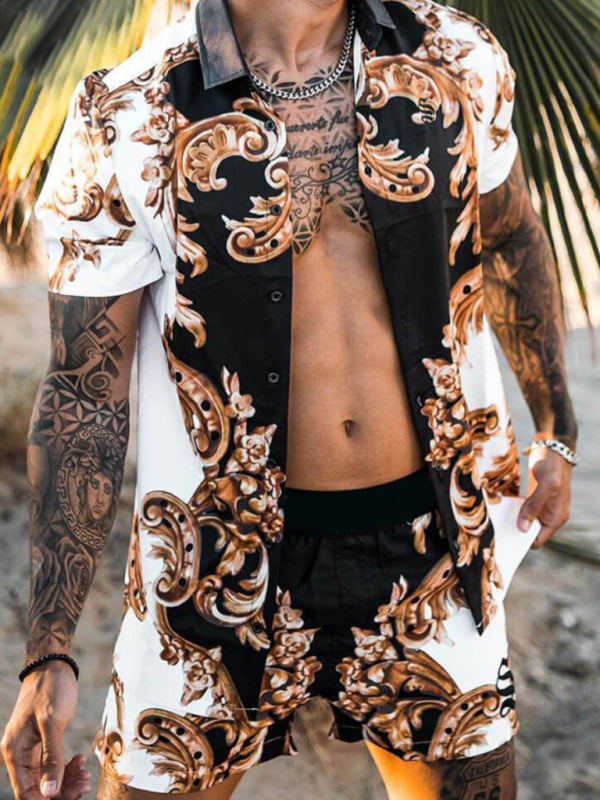 Men’s printed lapel short-sleeved shirt + shorts casual suit - White / S