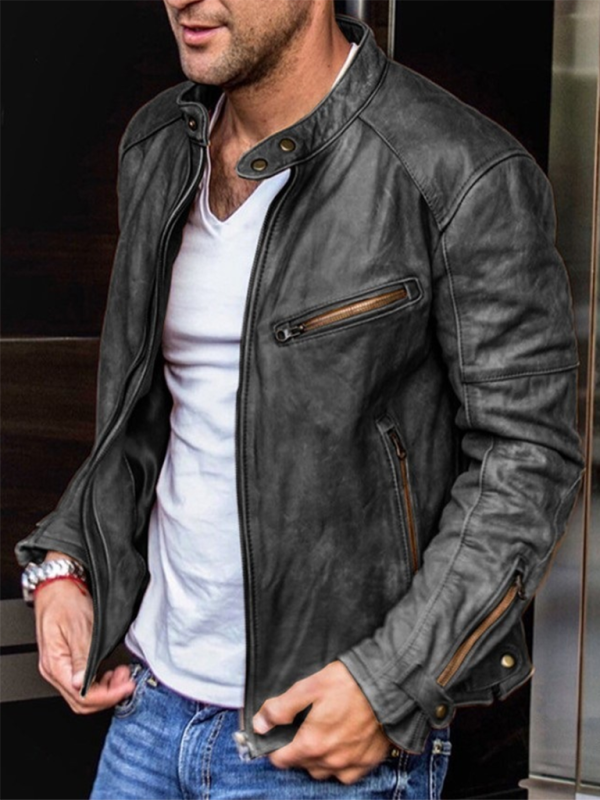 Men’s PU Leather Jacket Men’s Stand Collar Punk Men’s Jacket - Black / S