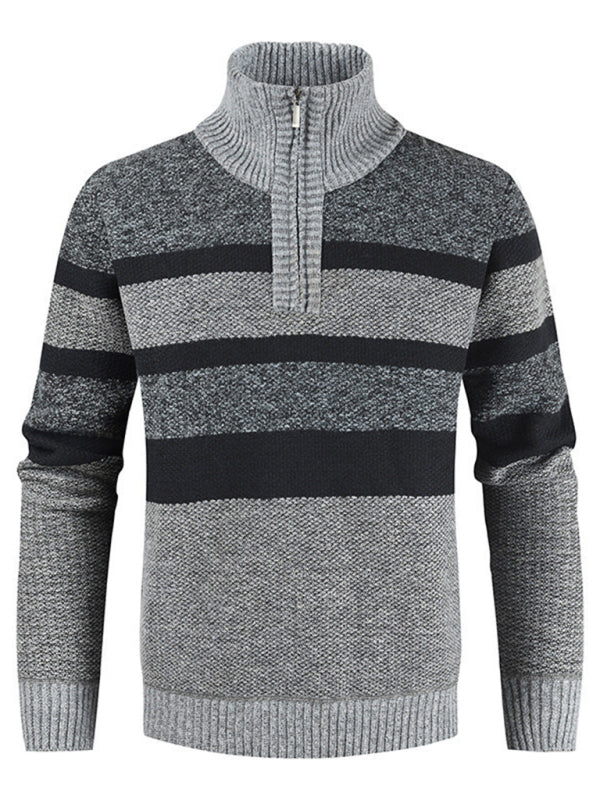 Men’s pullover stand collar knitted casual colorblock long-sleeved sweater - Misty grey / M