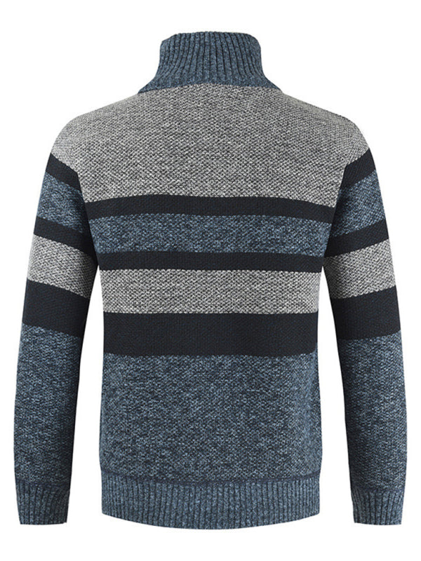 Men’s pullover stand collar knitted casual colorblock long-sleeved sweater