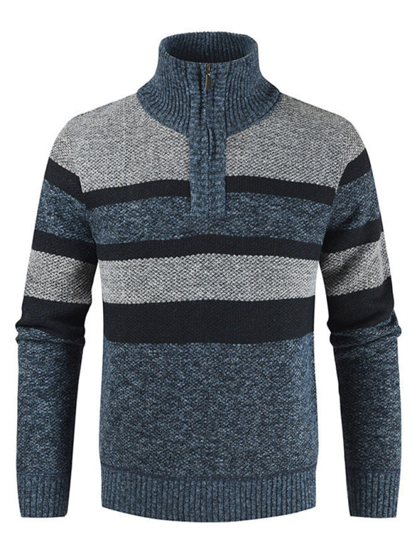 Men’s pullover stand collar knitted casual colorblock long-sleeved sweater - Clear blue / M
