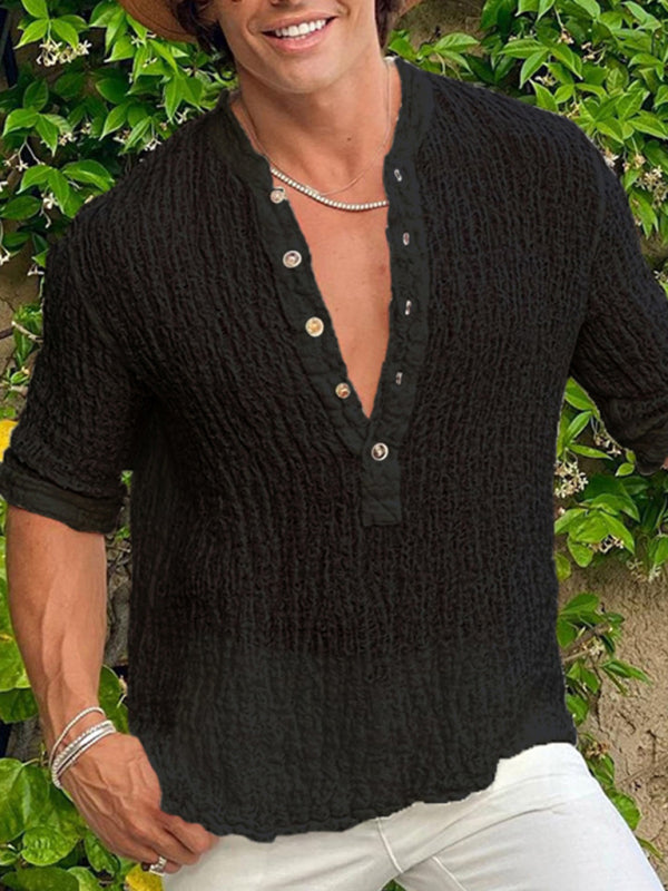 Men’s Pure Color Street Fashion Casual Loose Cold Fold Shirt - Black / S