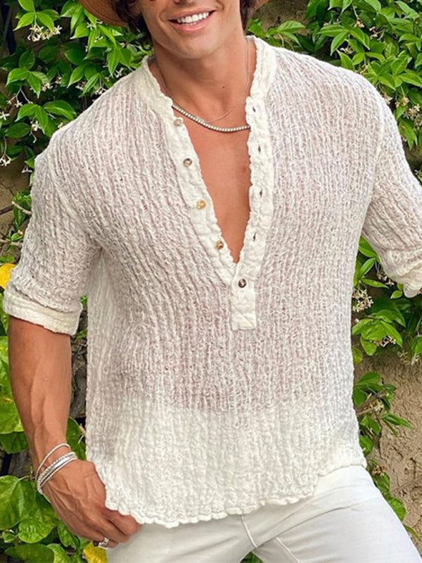 Men’s Pure Color Street Fashion Casual Loose Cold Fold Shirt - White / S
