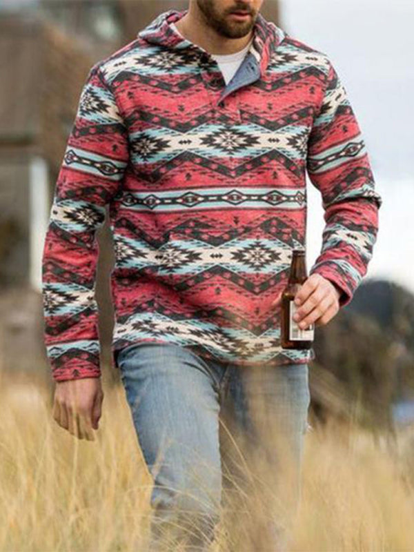 Men’s retro geometric print long sleeve hoodie