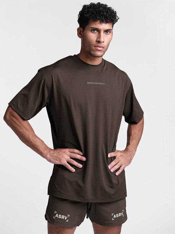 Men’s round neck short-sleeved solid color quick-drying all-match sports T-shirt - Brown / M