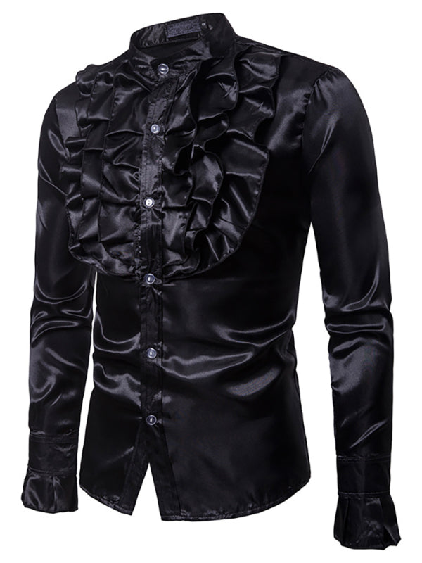 Men’s Ruffled Standing Collar Party Shirt - Black / S