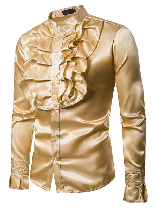 Men’s Ruffled Standing Collar Party Shirt - Brown / S