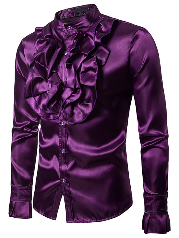 Men’s Ruffled Standing Collar Party Shirt - Purple / S
