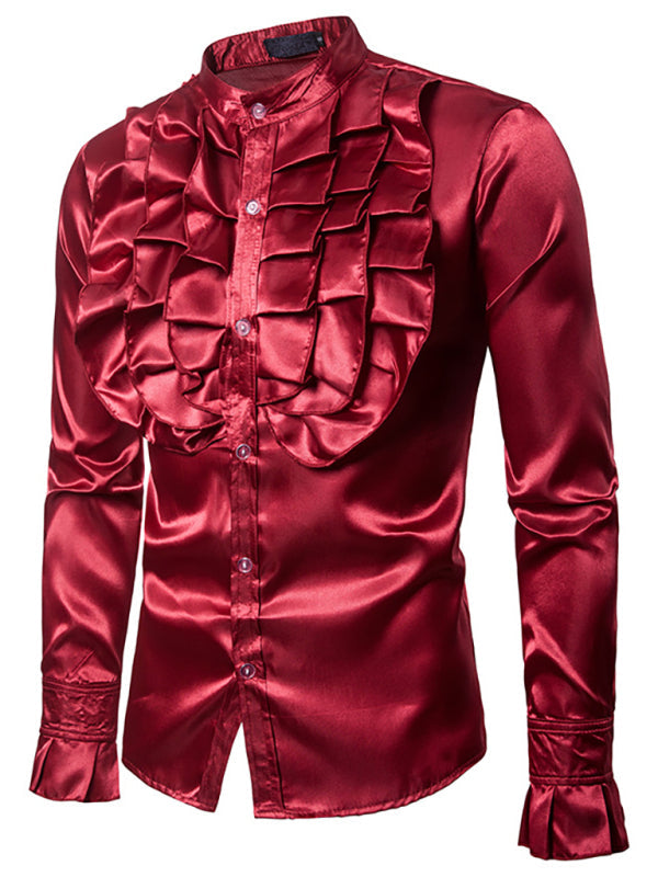 Men’s Ruffled Standing Collar Party Shirt - Wine Red / S
