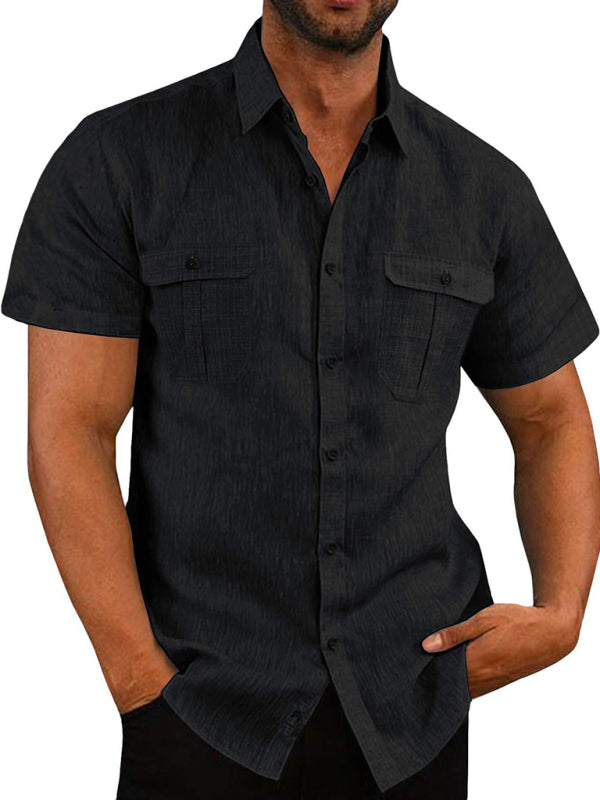 Men’s Shirt Double Pocket Cotton Linen Short Sleeve Shirt Casual Vacation Shirt - Black / M