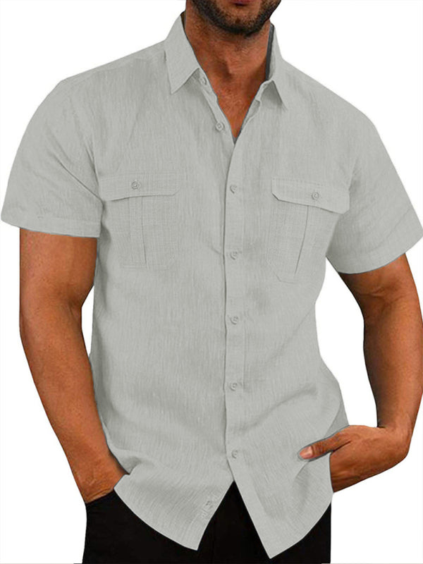 Men’s Shirt Double Pocket Cotton Linen Short Sleeve Shirt Casual Vacation Shirt