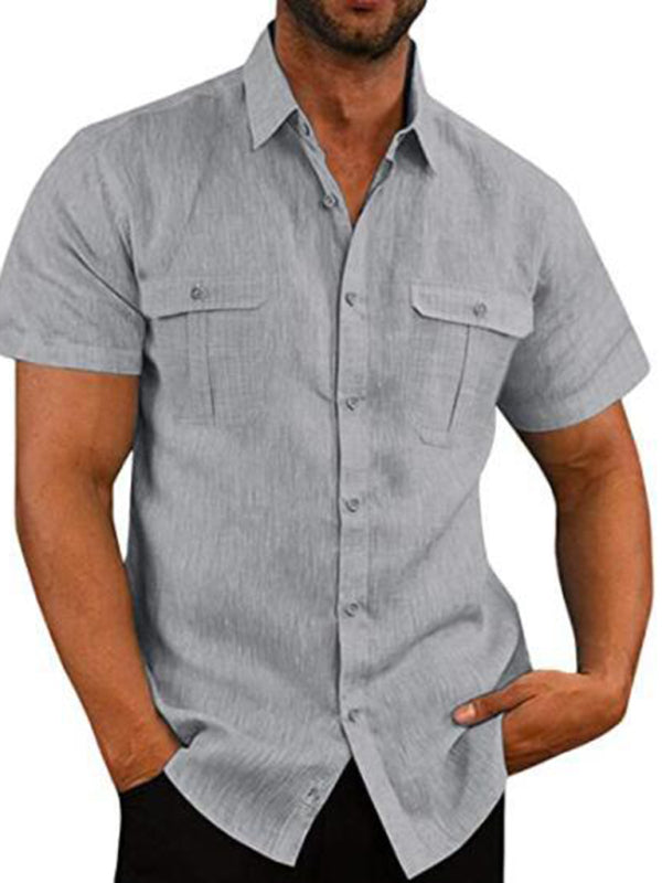 Men’s Shirt Double Pocket Cotton Linen Short Sleeve Shirt Casual Vacation Shirt - Grey / M