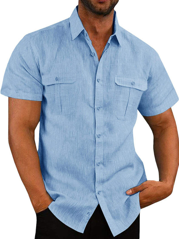 Men’s Shirt Double Pocket Cotton Linen Short Sleeve Shirt Casual Vacation Shirt - Clear blue / M