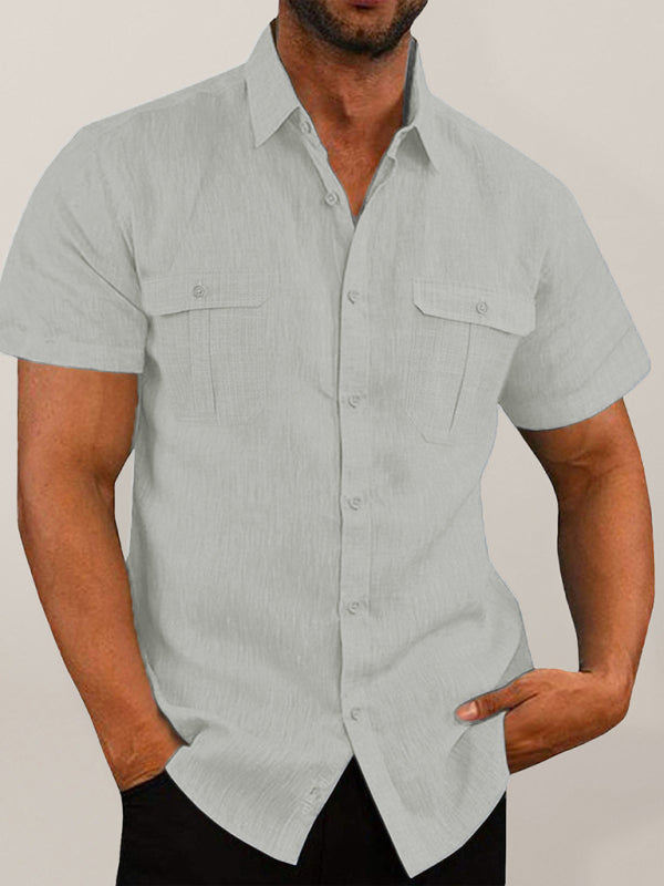 Men’s Shirt Double Pocket Cotton Linen Short Sleeve Shirt Casual Vacation Shirt - Cracker khaki / M