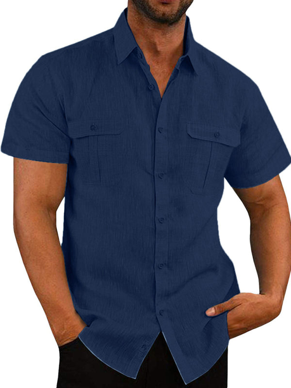 Men’s Shirt Double Pocket Cotton Linen Short Sleeve Shirt Casual Vacation Shirt - Champlain color / M