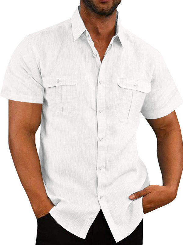 Men’s Shirt Double Pocket Cotton Linen Short Sleeve Shirt Casual Vacation Shirt - White / M
