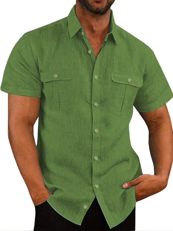 Men’s Shirt Double Pocket Cotton Linen Short Sleeve Shirt Casual Vacation Shirt - Olive green / M