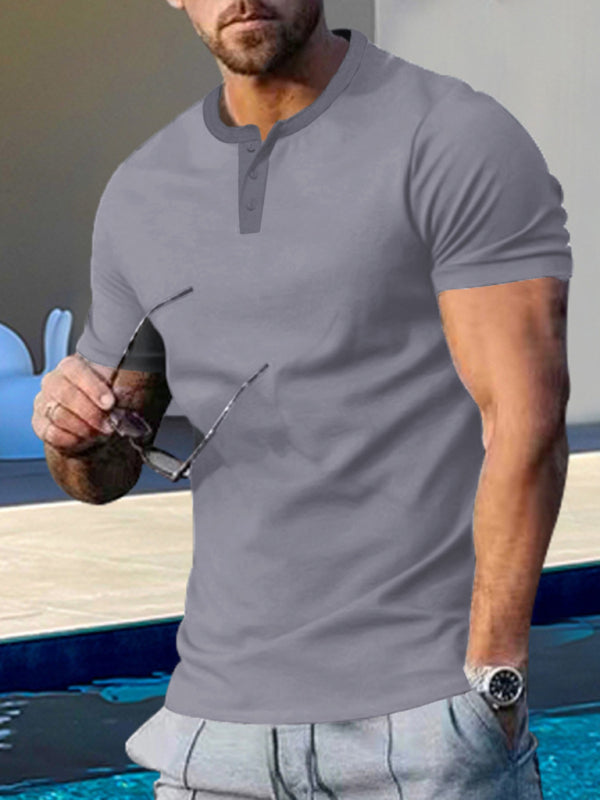 Men’s Short Sleeve Henley Round Neck Slim Fit Athletic T-Shirt - Charcoal grey / M