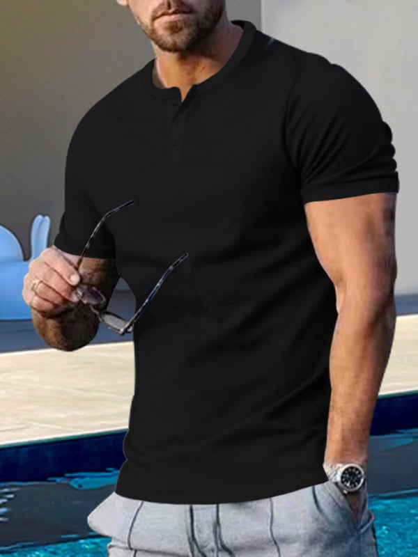 Men’s Short Sleeve Henley Round Neck Slim Fit Athletic T-Shirt - Black / M