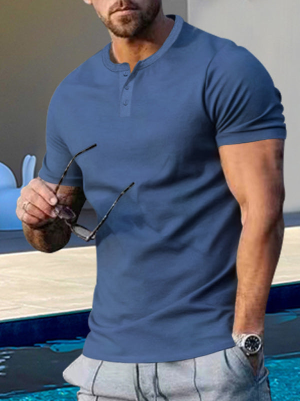 Men’s Short Sleeve Henley Round Neck Slim Fit Athletic T-Shirt - Blue / M
