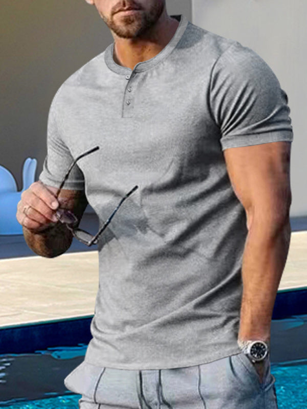 Men’s Short Sleeve Henley Round Neck Slim Fit Athletic T-Shirt - Grey / M