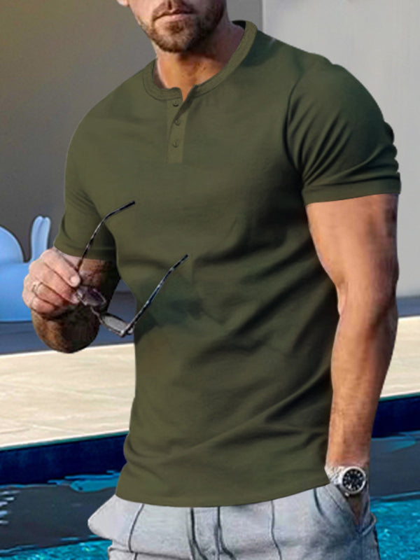 Men’s Short Sleeve Henley Round Neck Slim Fit Athletic T-Shirt - Olive green / M