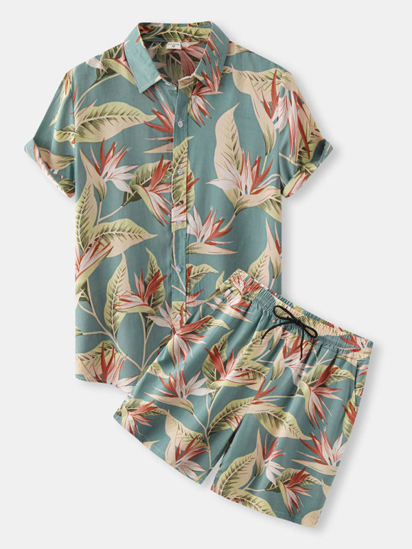 Men’s Short Sleeve Shirt Chinese Style Printed Shirt Set - Blue / M