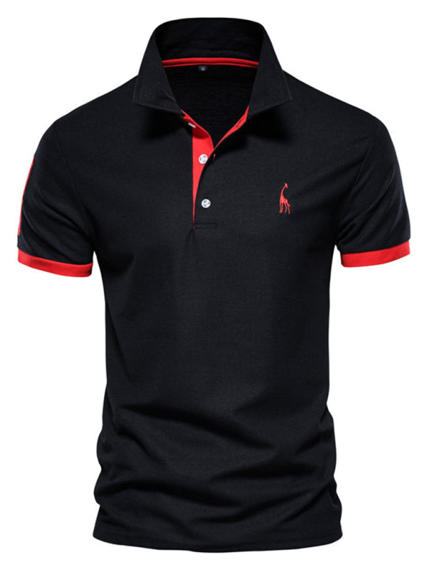 Men’s short-sleeved lapel polo shirt with deer embroidery - Black / S