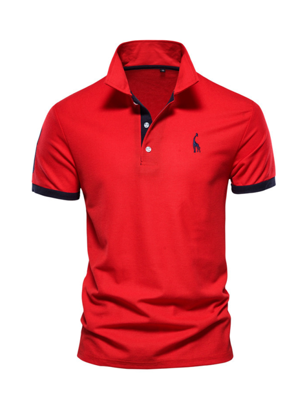 Men’s short-sleeved lapel polo shirt with deer embroidery - Red / S