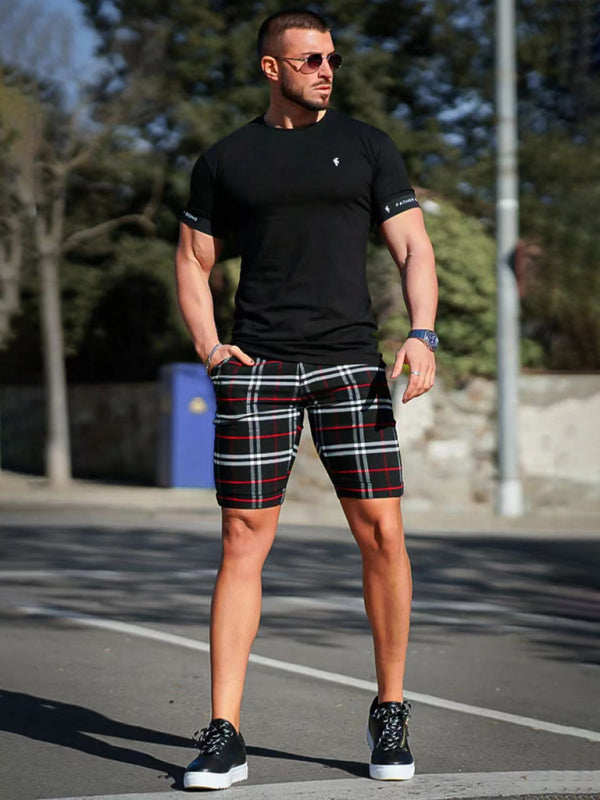 men’s skinny plaid plus size casual shorts